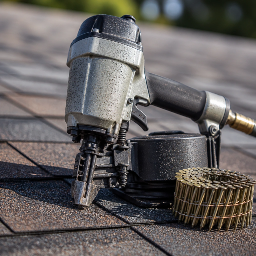 Roofer repairing shingles near a chimney on a residential roof