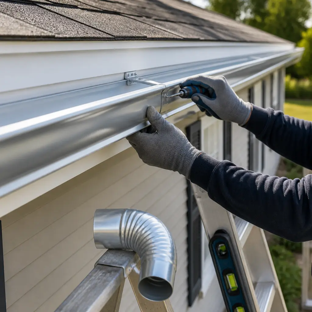 Roofer repairing shingles near a chimney on a residential roof