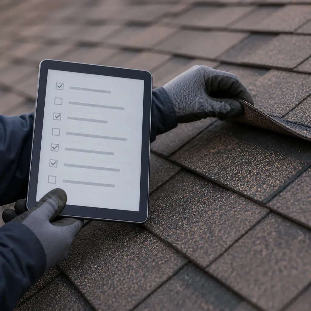 Roofer repairing shingles near a chimney on a residential roof