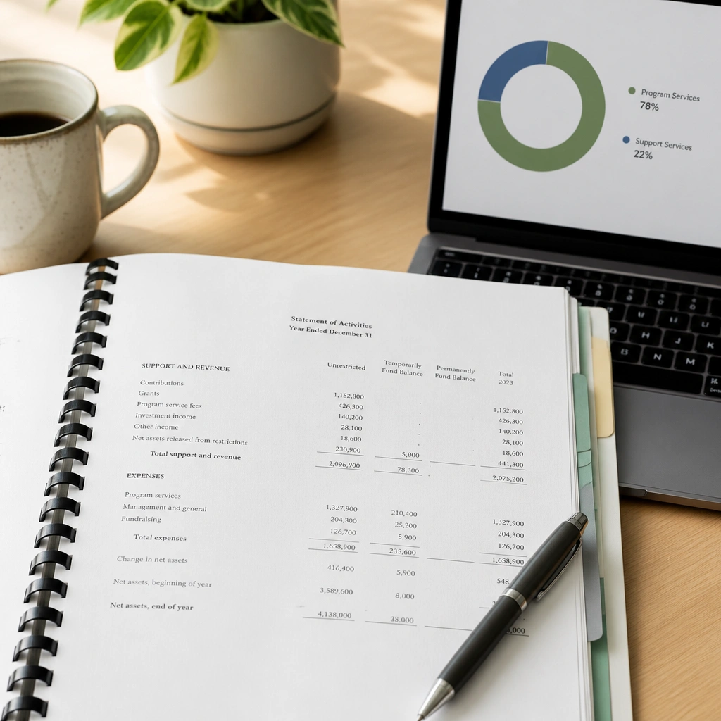 Monthly financial statements and dashboards on a desk