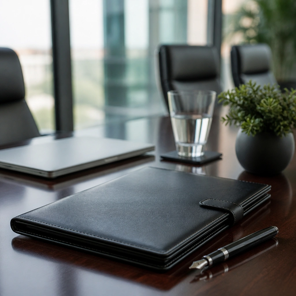 Financial planning documents and charts spread across a conference table