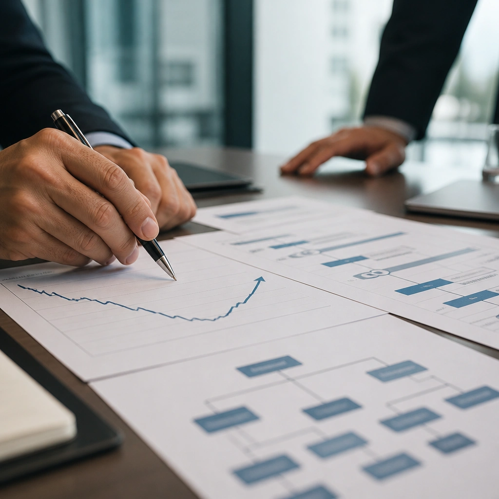 Financial planning documents and charts spread across a conference table