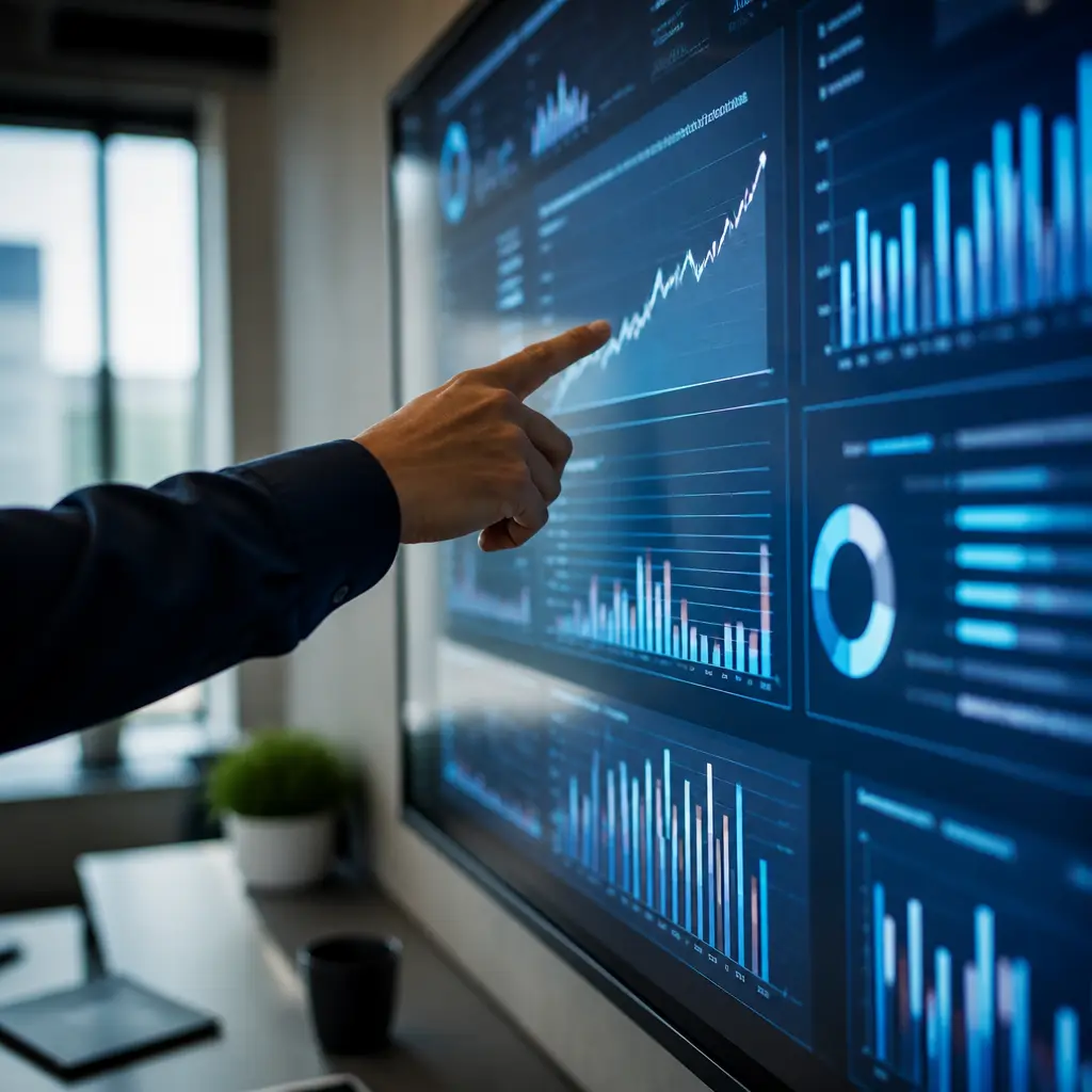 Consultant pointing at a wall-mounted analytics dashboard with a client