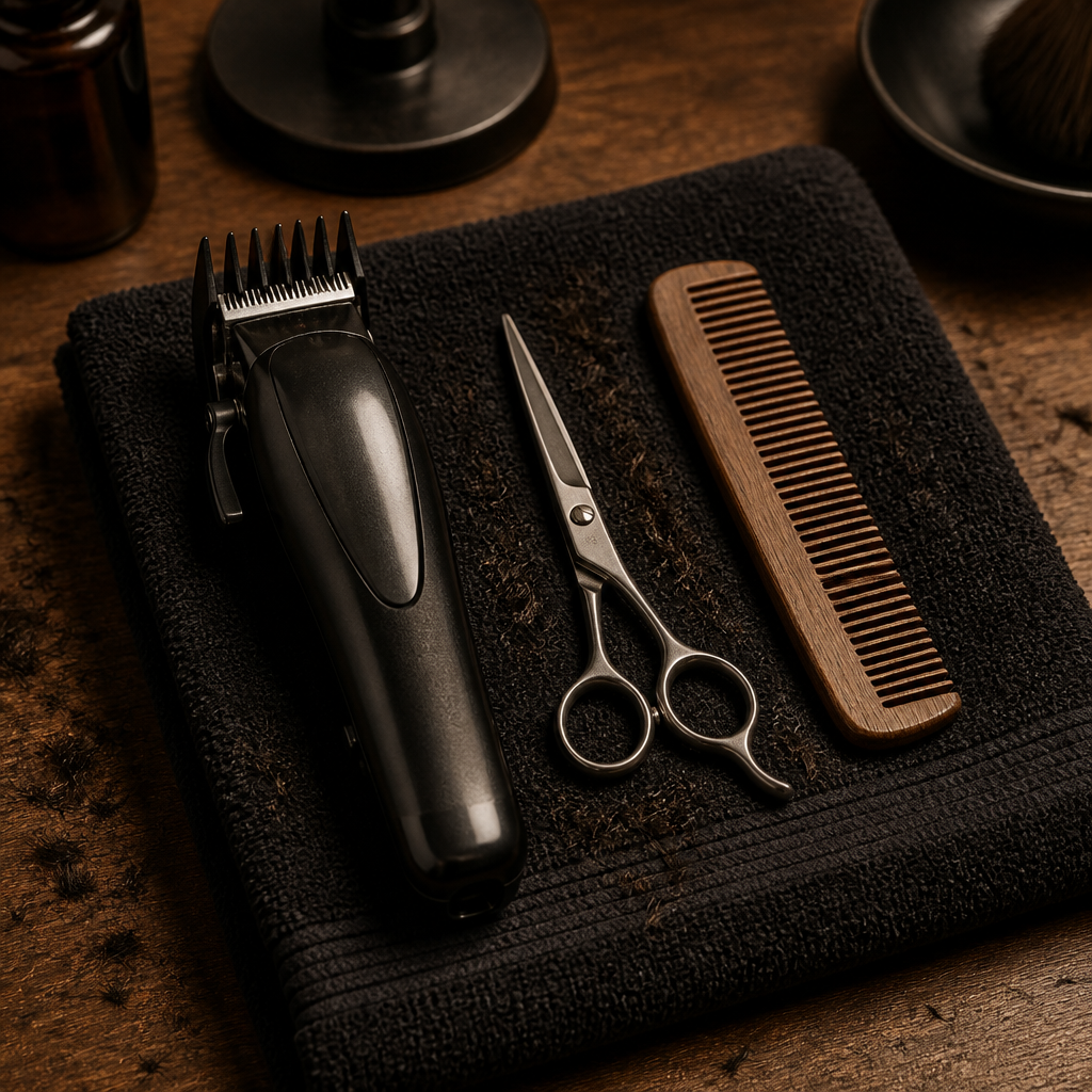 Barber detailing a full beard with shears