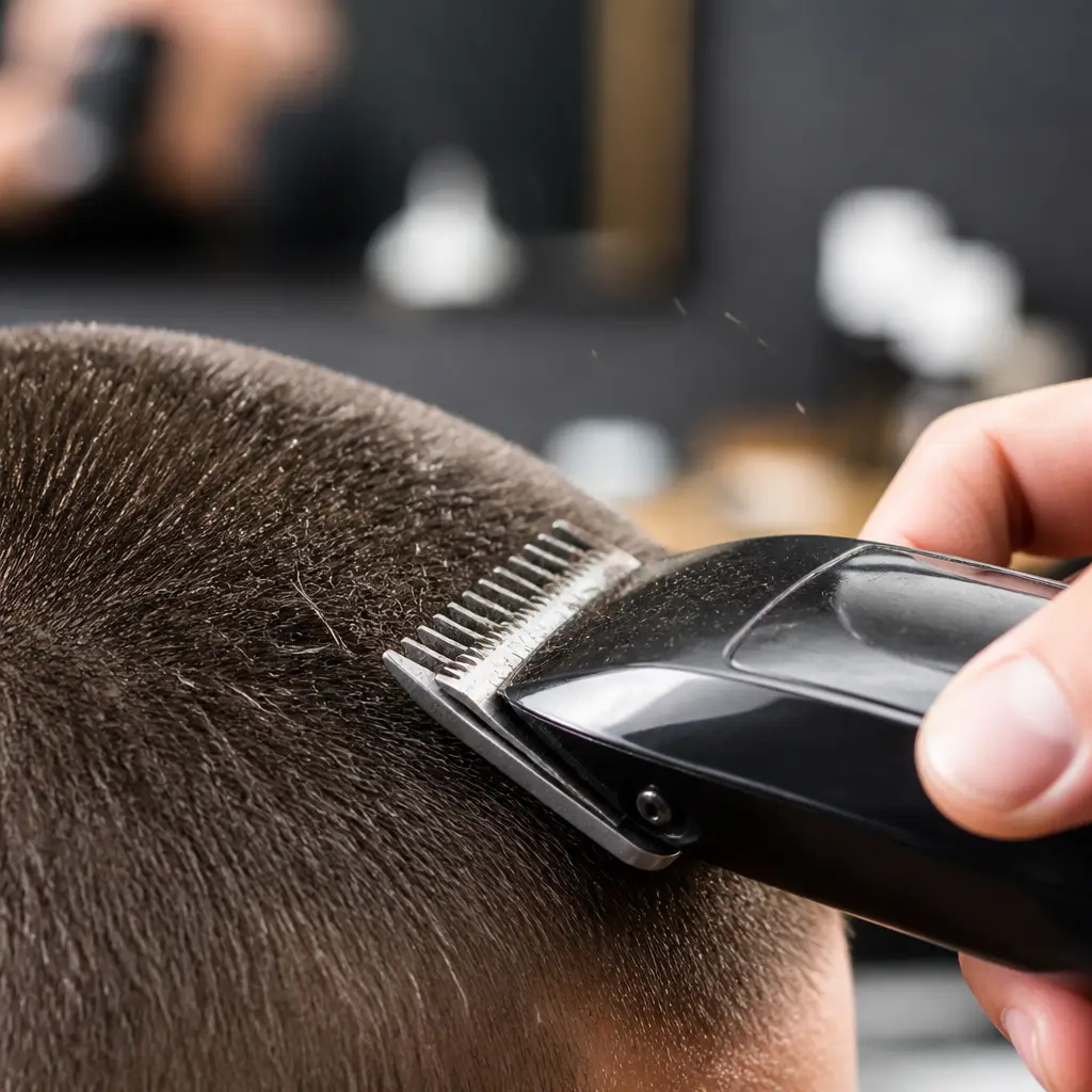 Barber detailing a full beard with shears