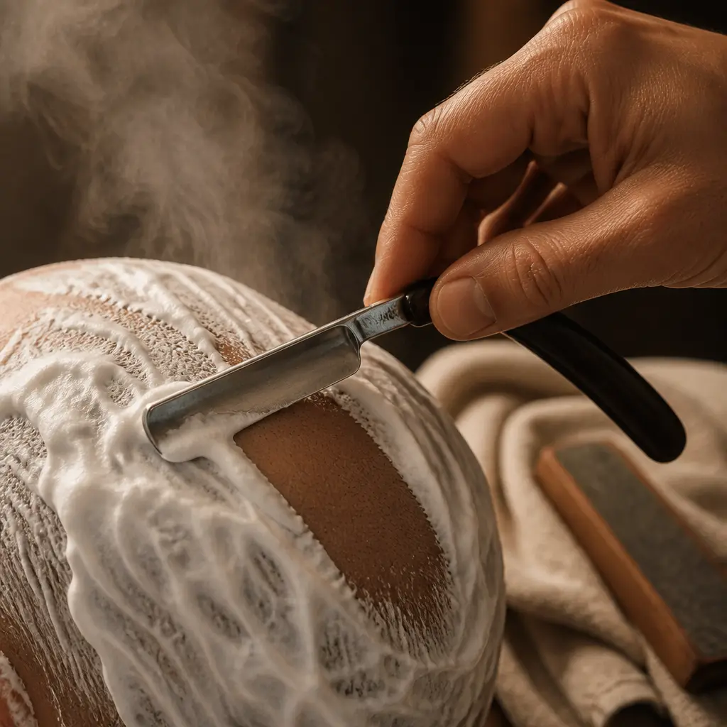 A reclined hot-towel straight-razor shave in progress