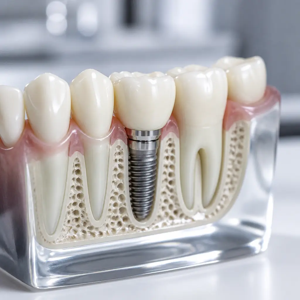 Dental implant model shown on a consultation desk