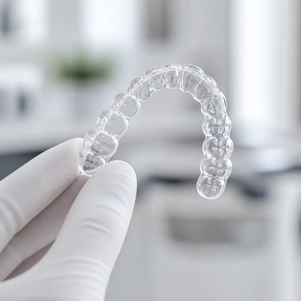 Clear dental aligner held up to the light