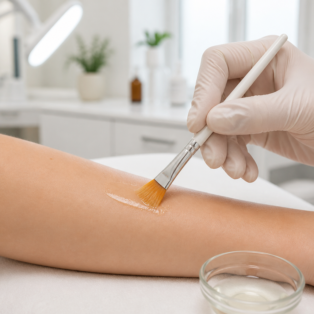 Aesthetician brushing a peel solution onto a client’s face