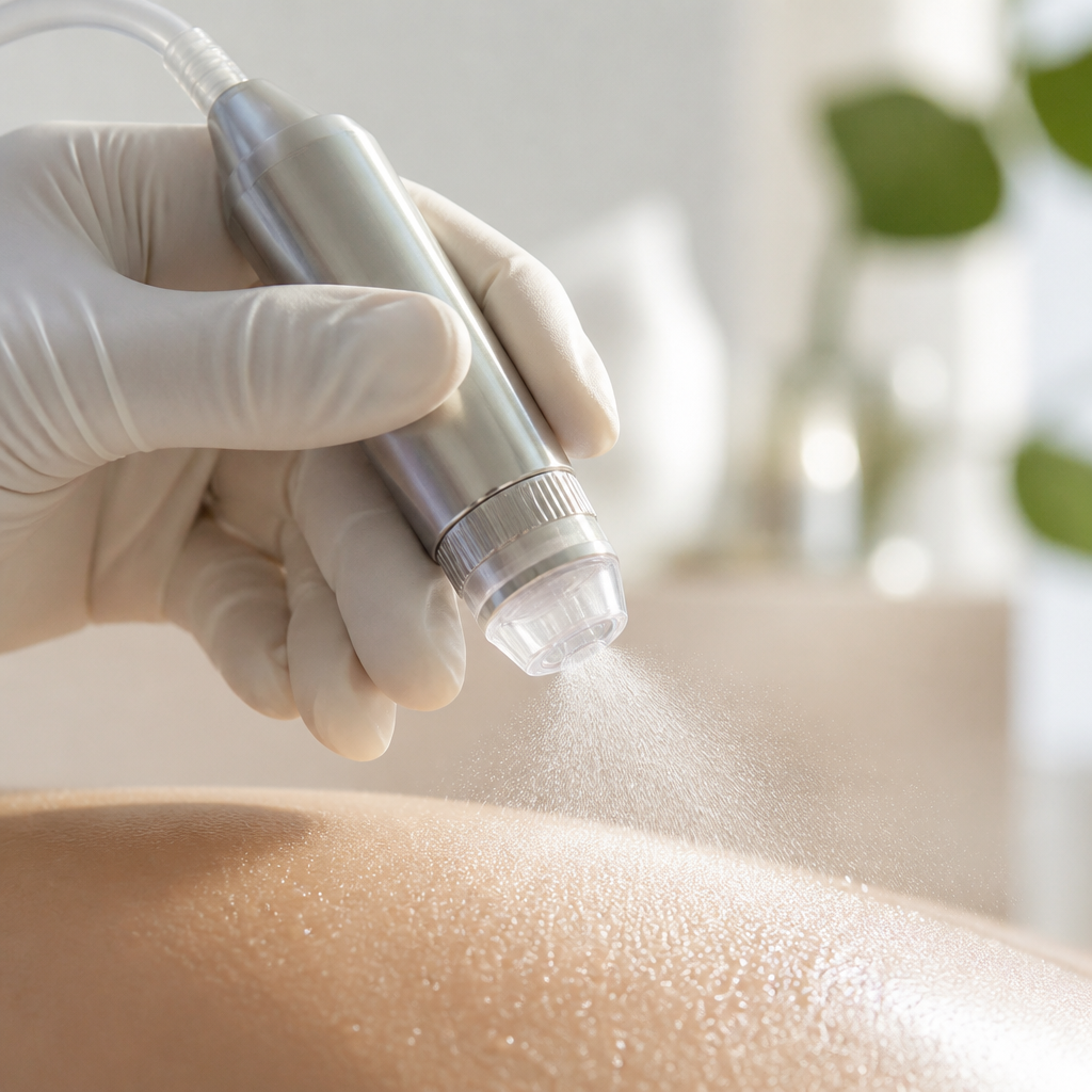 Aesthetician brushing a peel solution onto a client’s face