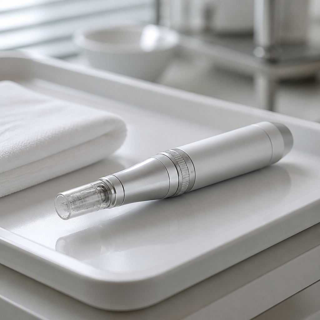 Microneedling pen treatment across a client’s jawline