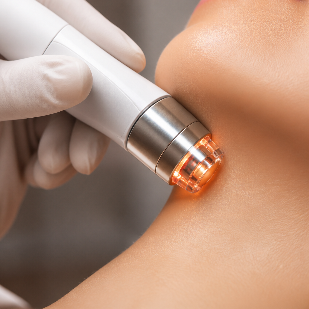 Laser handpiece gliding across a client’s cheek under protective eyewear
