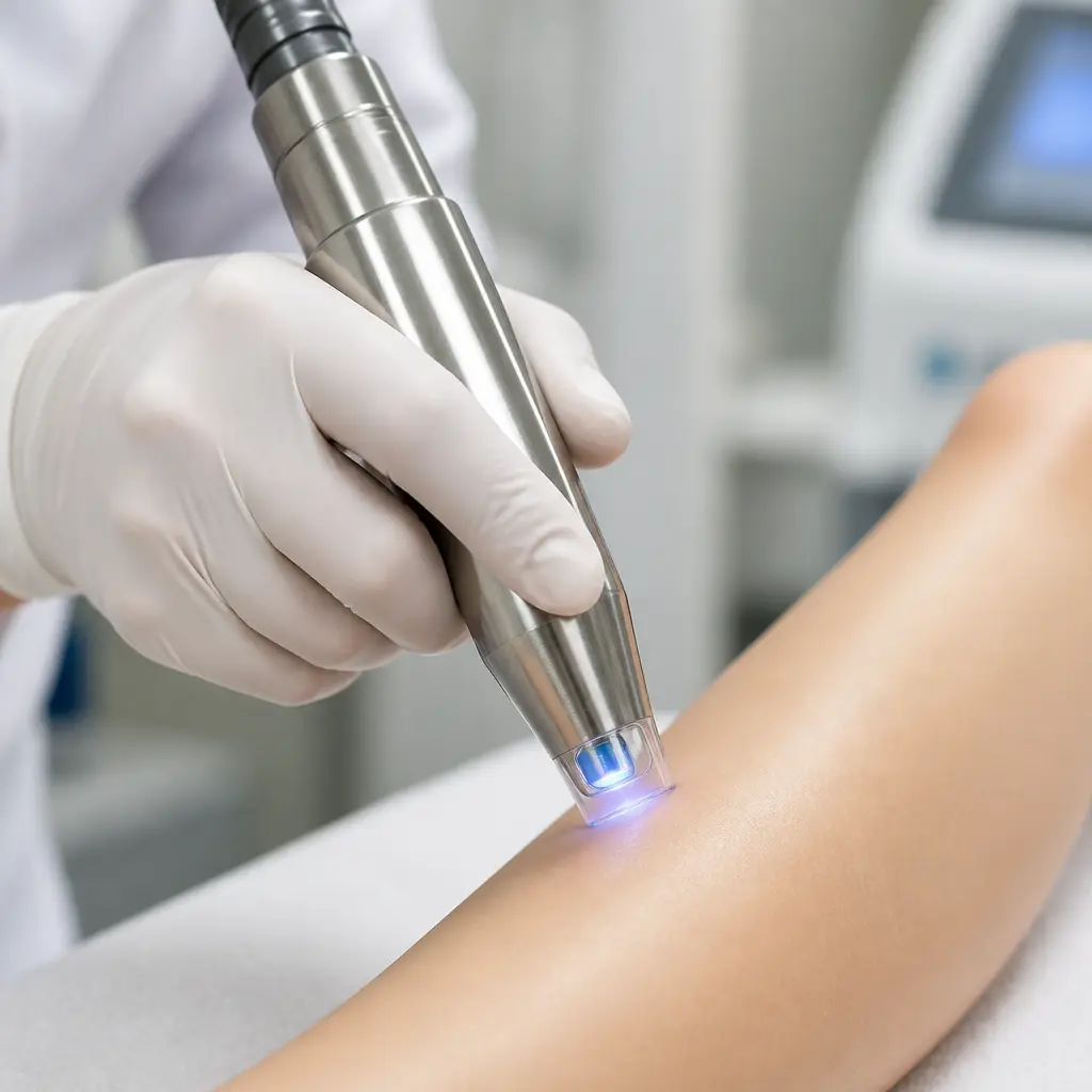 Laser handpiece gliding across a client’s cheek under protective eyewear