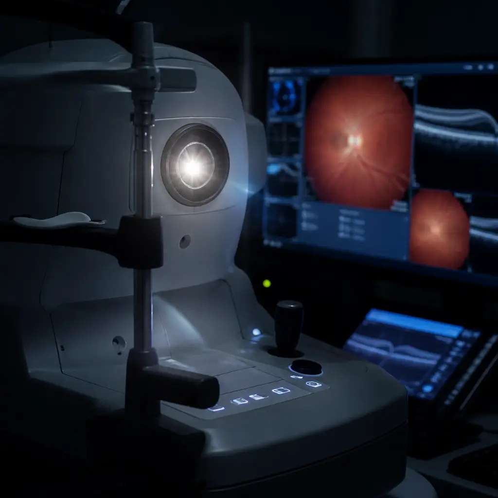 Doctor reviewing an OCT retinal scan on a diagnostic display