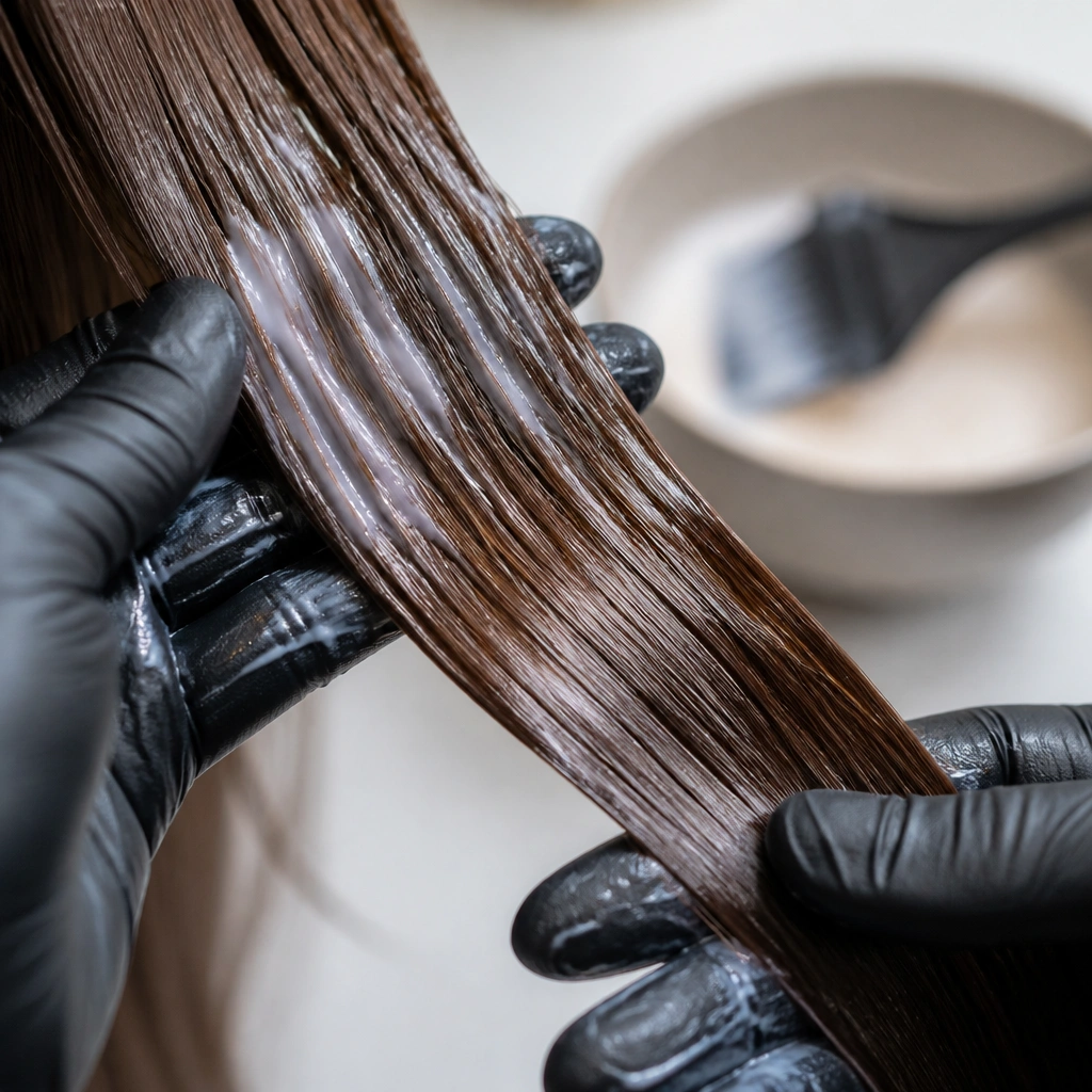 Restorative masque being worked through a client’s hair at the basin