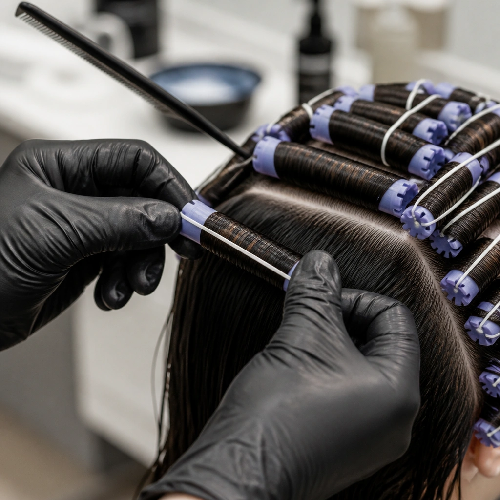 Stylist finishing a round-brush blowout on the salon floor