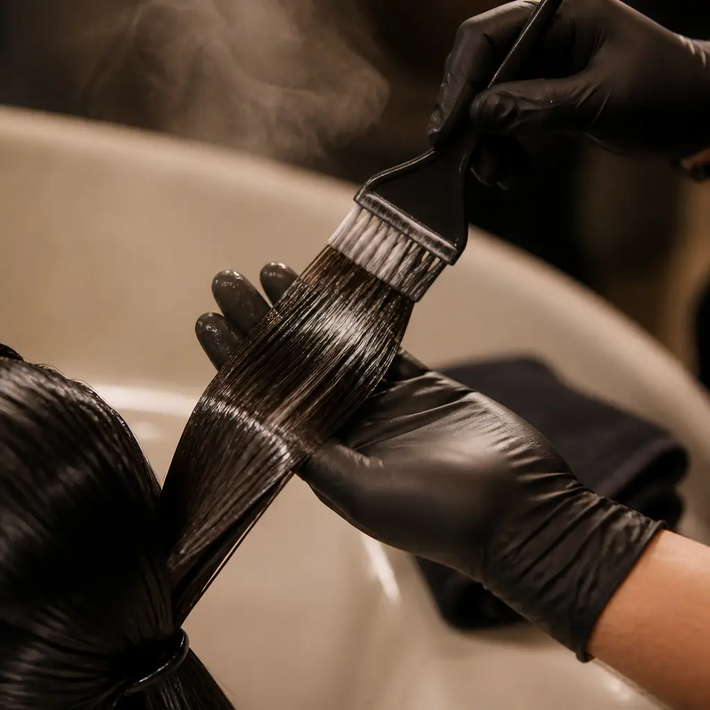 Stylist finishing a round-brush blowout on the salon floor