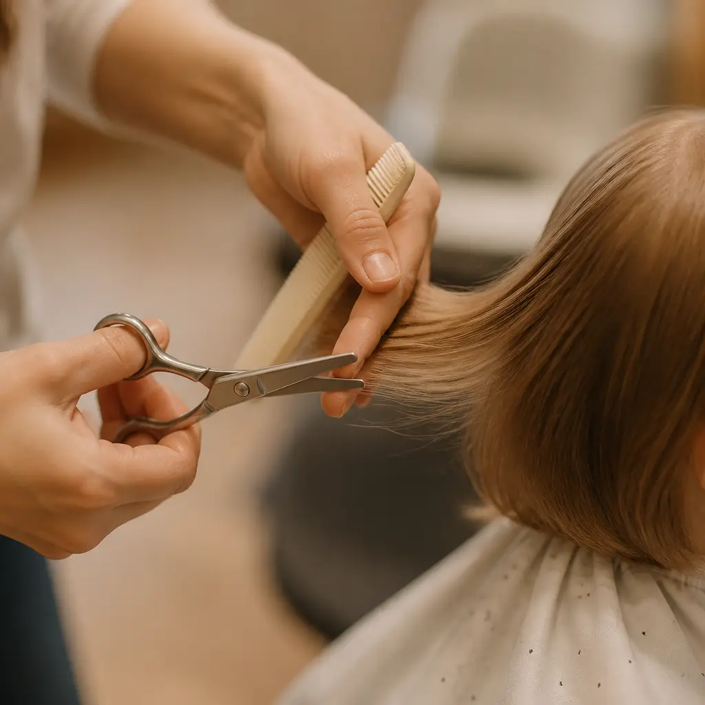 Stylist holding shears before a precision cut at a lit mirror