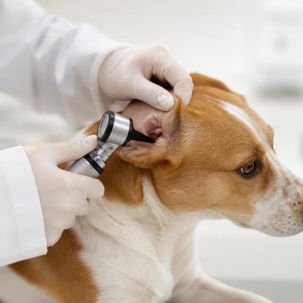 Dog being comforted during an urgent care veterinary visit